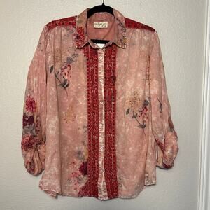 Vintage Goa pink/red Embroidered Floral Boho Country Cottage Shirt, Size XL NWT